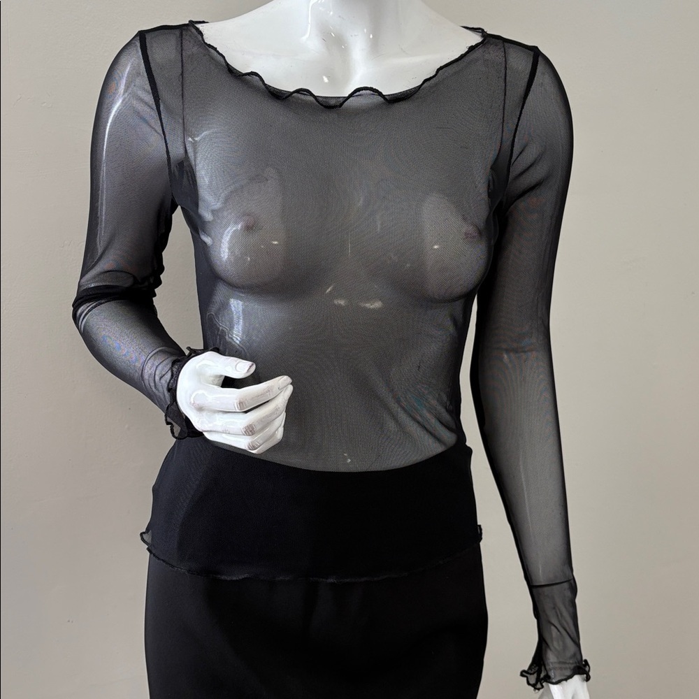 Urban Outfitters Black Sheer Mesh Top Long Sleeve Layering Top w Lettuce Trim